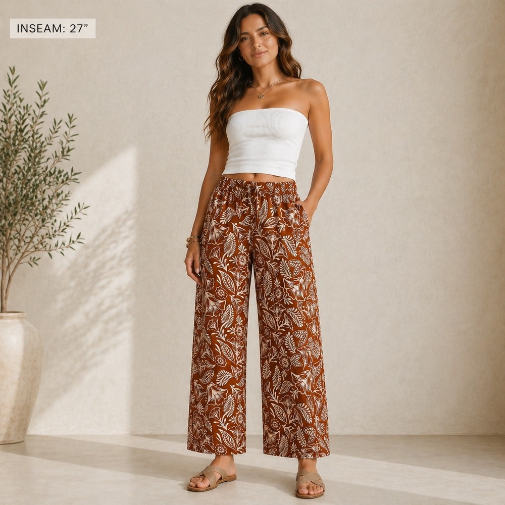 Latino Heritage Month Women's Brown White Floral Print Wide Leg Pants Medium